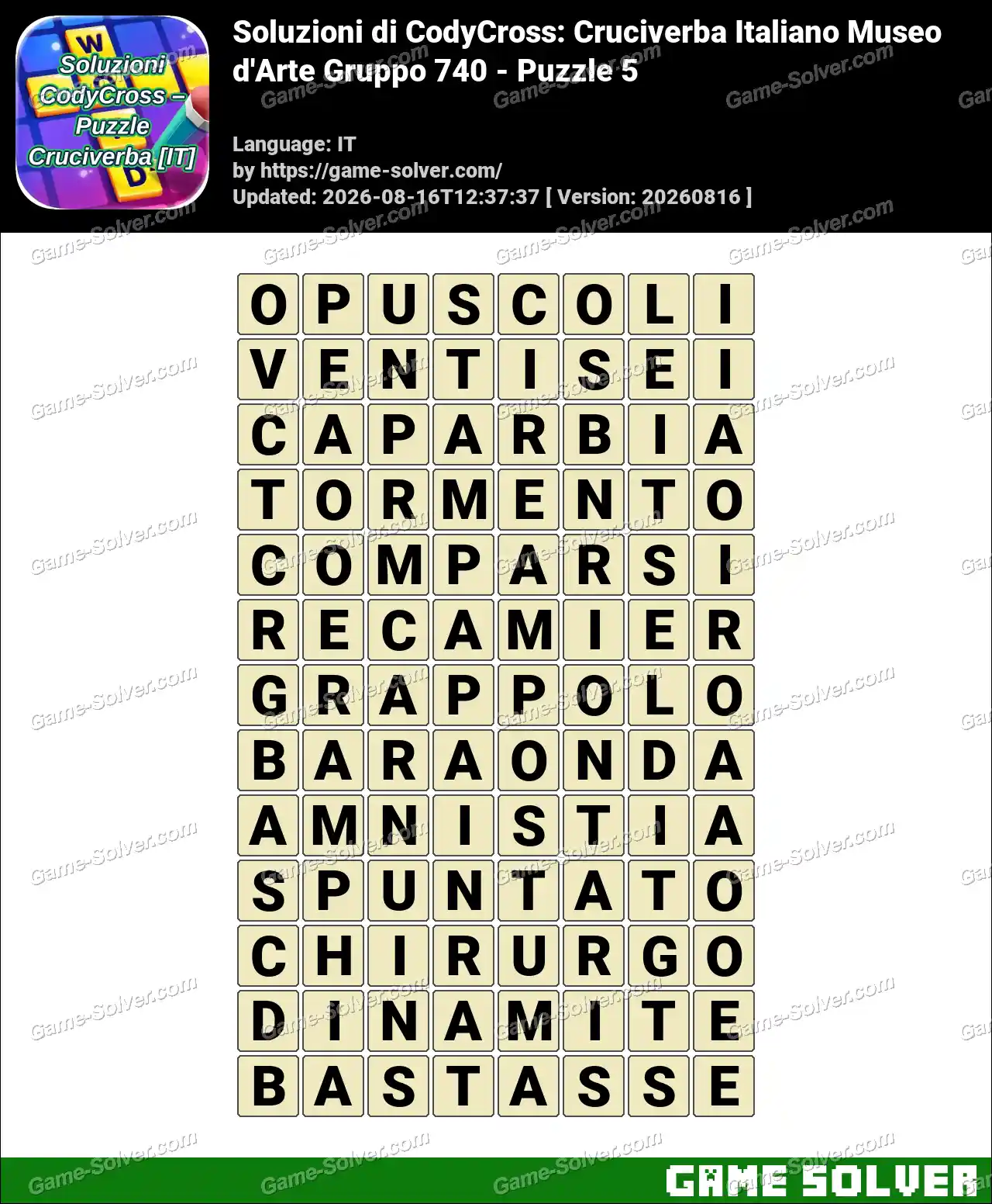 Soluzioni di CodyCross: Cruciverba Italiano Museo d’Arte Gruppo 740 – Puzzle 5